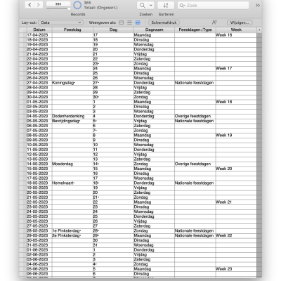Kalenderdata met div. feestdagen.