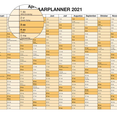 Planbord met feestdagen, vakanties en events.